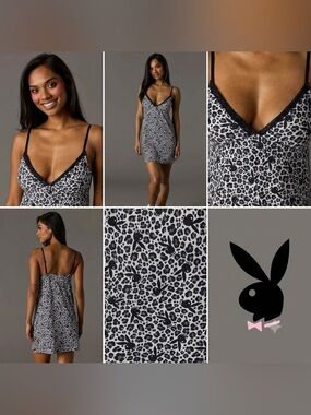 PLAYBOY Black & White Leopard-Print Chemise with Lace Trim